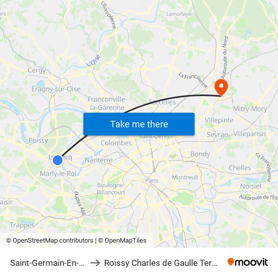 Saint-Germain-En-Laye to Roissy Charles de Gaulle Terminal 1 map