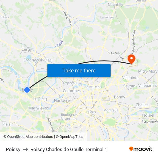 Poissy to Roissy Charles de Gaulle Terminal 1 map