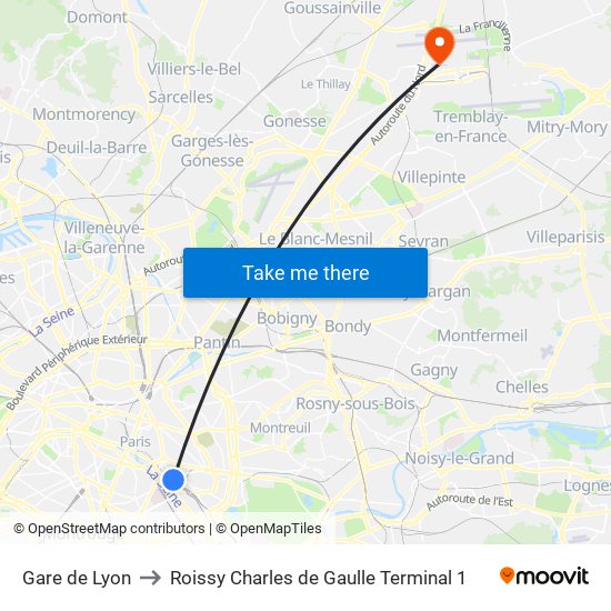 Gare de Lyon to Roissy Charles de Gaulle Terminal 1 map