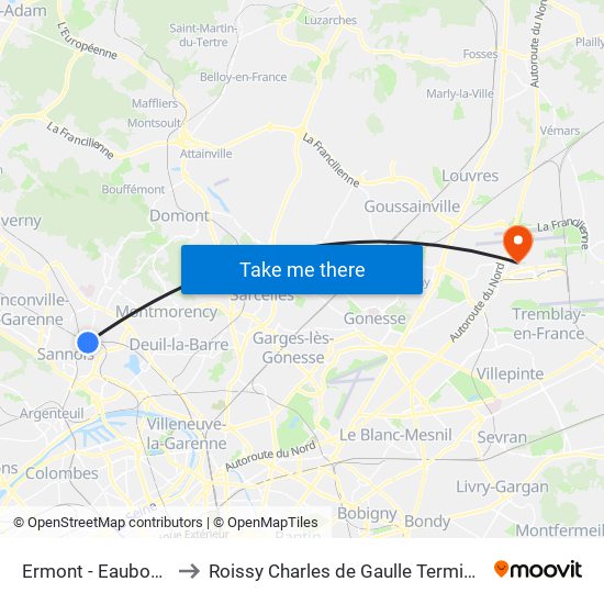 Ermont - Eaubonne to Roissy Charles de Gaulle Terminal 1 map