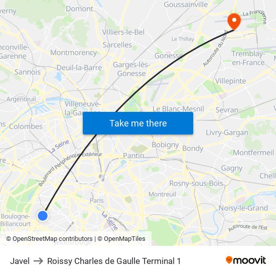 Javel to Roissy Charles de Gaulle Terminal 1 map