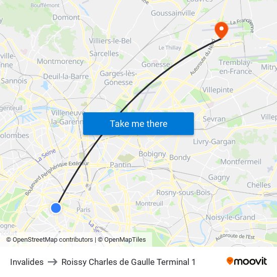 Invalides to Roissy Charles de Gaulle Terminal 1 map