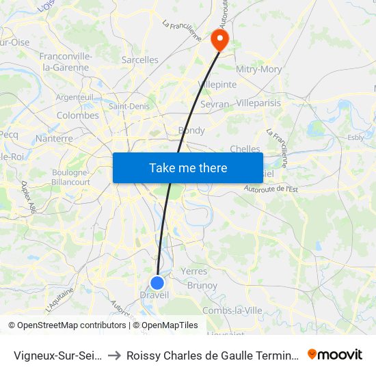 Vigneux-Sur-Seine to Roissy Charles de Gaulle Terminal 1 map