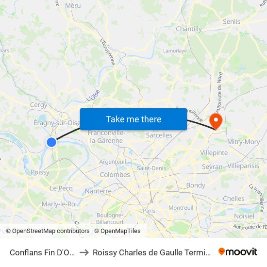 Conflans Fin D'Oise to Roissy Charles de Gaulle Terminal 1 map