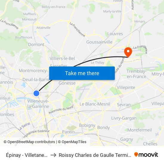 Épinay - Villetaneuse to Roissy Charles de Gaulle Terminal 1 map