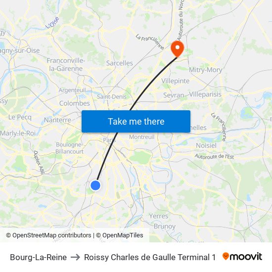 Bourg-La-Reine to Roissy Charles de Gaulle Terminal 1 map