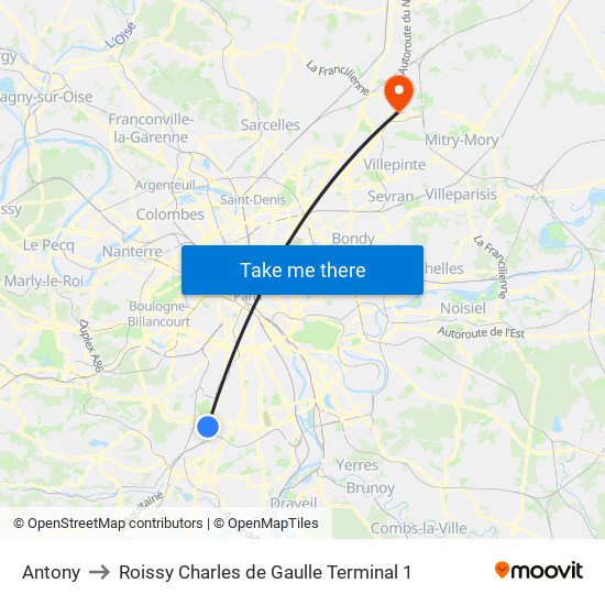 Antony to Roissy Charles de Gaulle Terminal 1 map