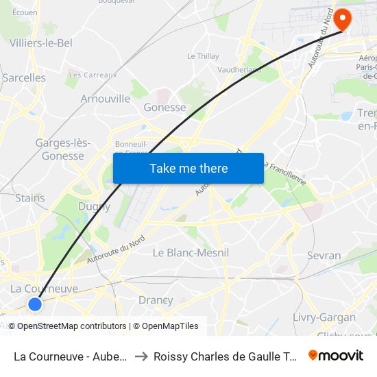 La Courneuve - Aubervilliers to Roissy Charles de Gaulle Terminal 1 map