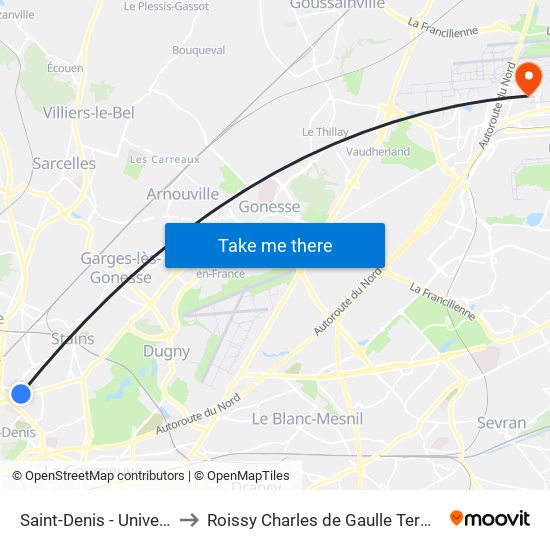 Saint-Denis - Université to Roissy Charles de Gaulle Terminal 1 map