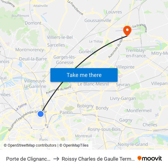 Porte de Clignancourt to Roissy Charles de Gaulle Terminal 1 map