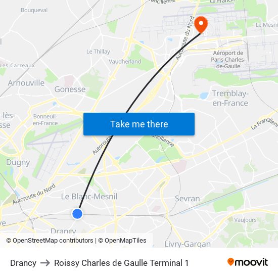 Drancy to Roissy Charles de Gaulle Terminal 1 map