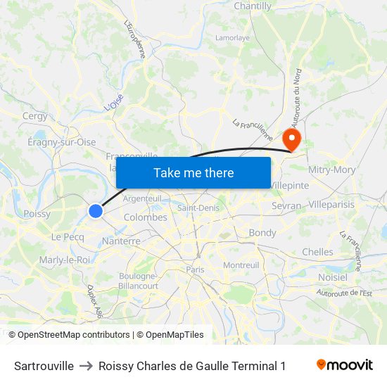 Sartrouville to Roissy Charles de Gaulle Terminal 1 map