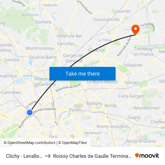 Clichy - Levallois to Roissy Charles de Gaulle Terminal 1 map