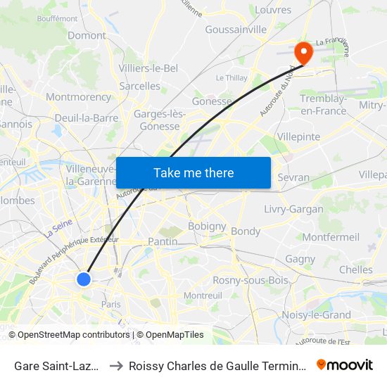 Gare Saint-Lazare to Roissy Charles de Gaulle Terminal 1 map