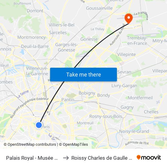 Palais Royal - Musée du Louvre to Roissy Charles de Gaulle Terminal 1 map