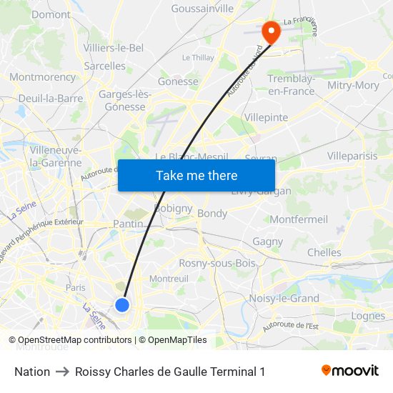 Nation to Roissy Charles de Gaulle Terminal 1 map