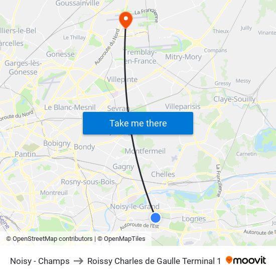 Noisy - Champs to Roissy Charles de Gaulle Terminal 1 map