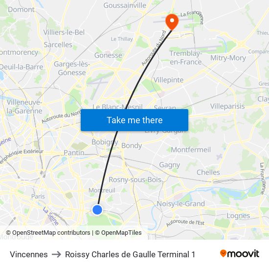 Vincennes to Roissy Charles de Gaulle Terminal 1 map