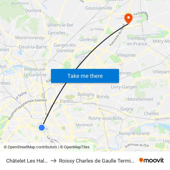 Châtelet Les Halles to Roissy Charles de Gaulle Terminal 1 map