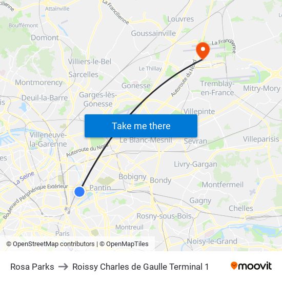 Rosa Parks to Roissy Charles de Gaulle Terminal 1 map