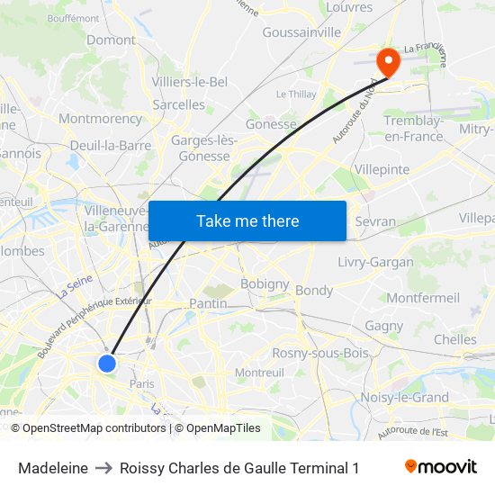 Madeleine to Roissy Charles de Gaulle Terminal 1 map