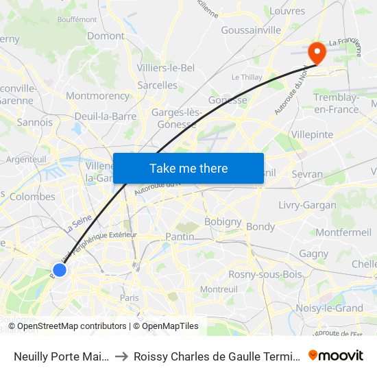 Neuilly Porte Maillot to Roissy Charles de Gaulle Terminal 1 map
