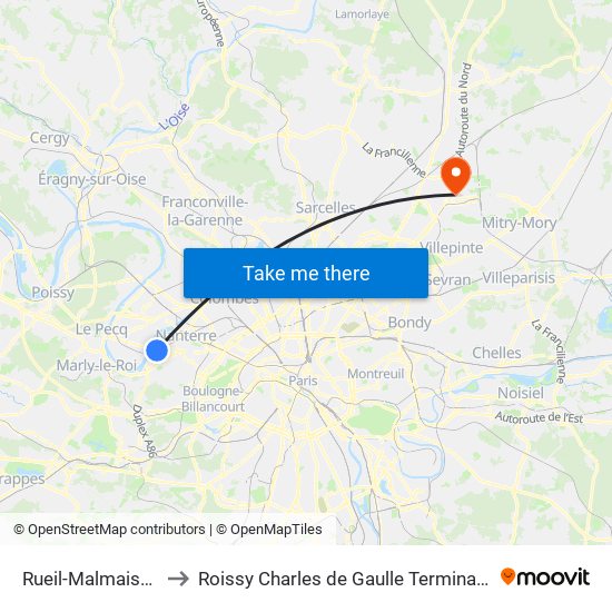 Rueil-Malmaison to Roissy Charles de Gaulle Terminal 1 map