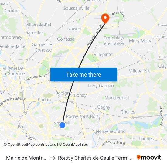 Mairie de Montreuil to Roissy Charles de Gaulle Terminal 1 map