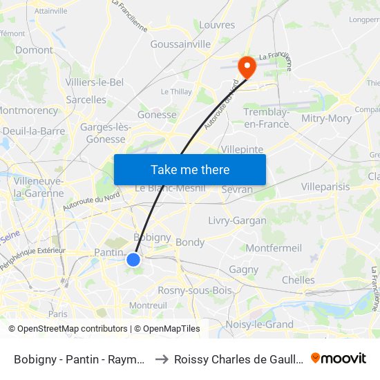 Bobigny - Pantin - Raymond Queneau to Roissy Charles de Gaulle Terminal 1 map