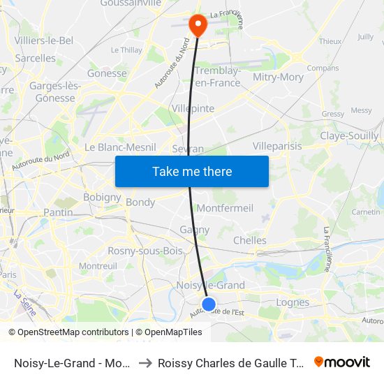 Noisy-Le-Grand - Mont D'Est to Roissy Charles de Gaulle Terminal 1 map