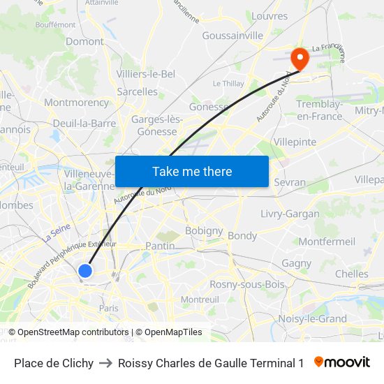 Place de Clichy to Roissy Charles de Gaulle Terminal 1 map