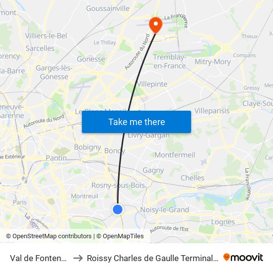 Val de Fontenay to Roissy Charles de Gaulle Terminal 1 map
