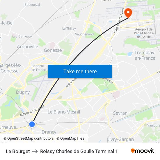 Le Bourget to Roissy Charles de Gaulle Terminal 1 map