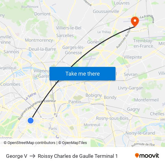 George V to Roissy Charles de Gaulle Terminal 1 map