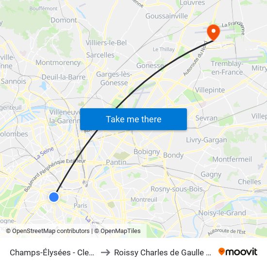 Champs-Élysées - Clemenceau to Roissy Charles de Gaulle Terminal 1 map