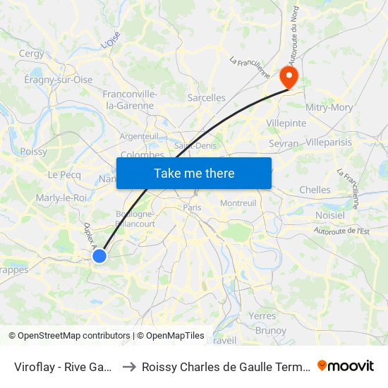 Viroflay - Rive Gauche to Roissy Charles de Gaulle Terminal 1 map