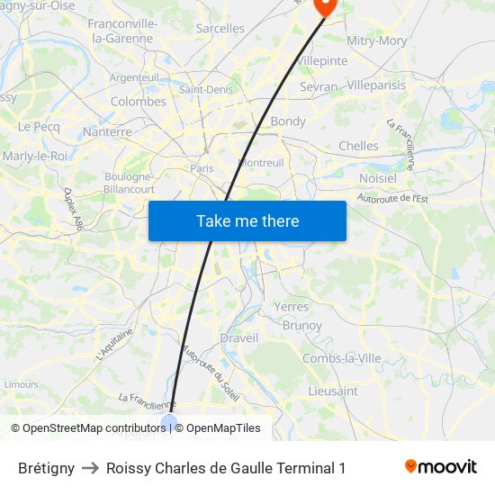 Brétigny to Roissy Charles de Gaulle Terminal 1 map