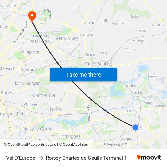 Val D'Europe to Roissy Charles de Gaulle Terminal 1 map
