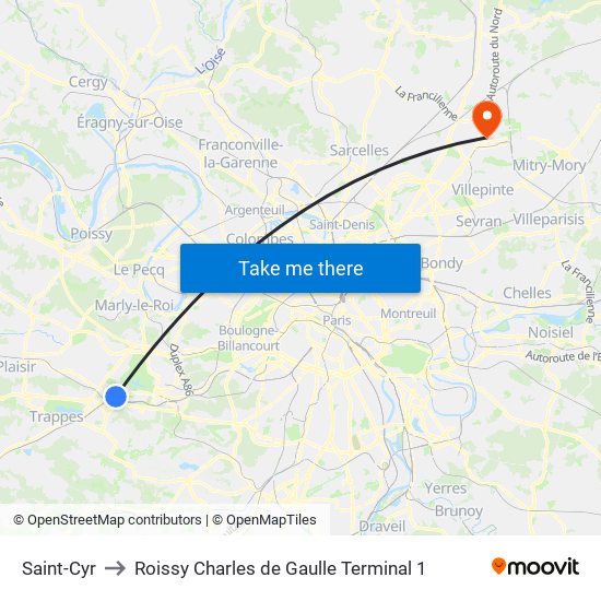 Saint-Cyr to Roissy Charles de Gaulle Terminal 1 map