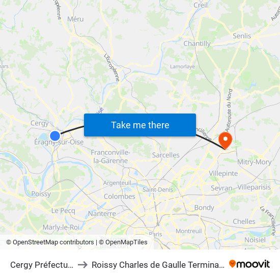 Cergy Préfecture to Roissy Charles de Gaulle Terminal 1 map