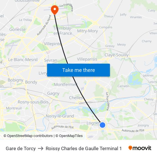Gare de Torcy to Roissy Charles de Gaulle Terminal 1 map