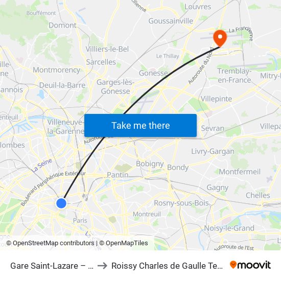 Gare Saint-Lazare – Havre to Roissy Charles de Gaulle Terminal 1 map