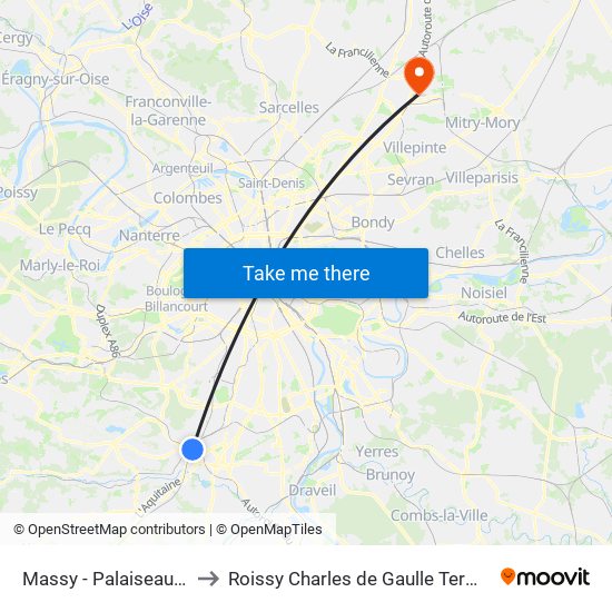 Massy - Palaiseau RER to Roissy Charles de Gaulle Terminal 1 map