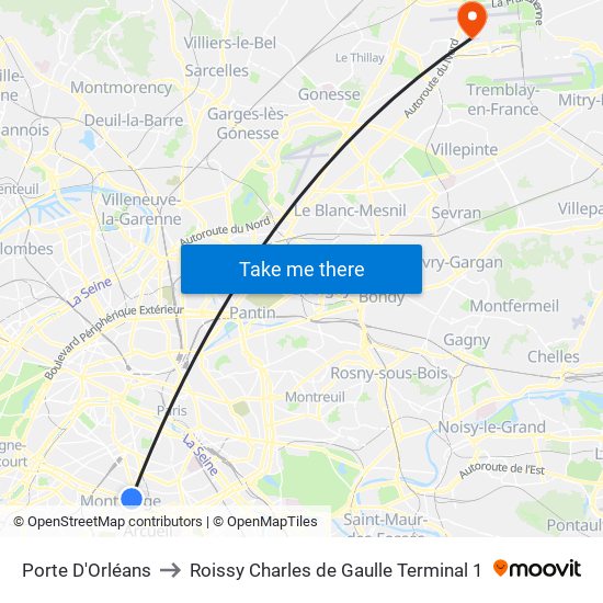 Porte D'Orléans to Roissy Charles de Gaulle Terminal 1 map