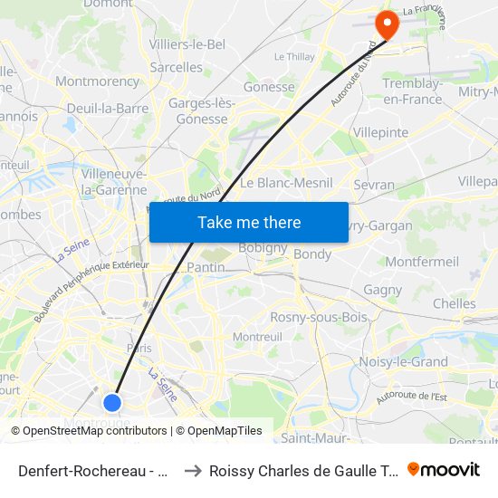 Denfert-Rochereau - Daguerre to Roissy Charles de Gaulle Terminal 1 map