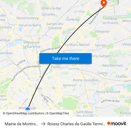 Mairie de Montrouge to Roissy Charles de Gaulle Terminal 1 map