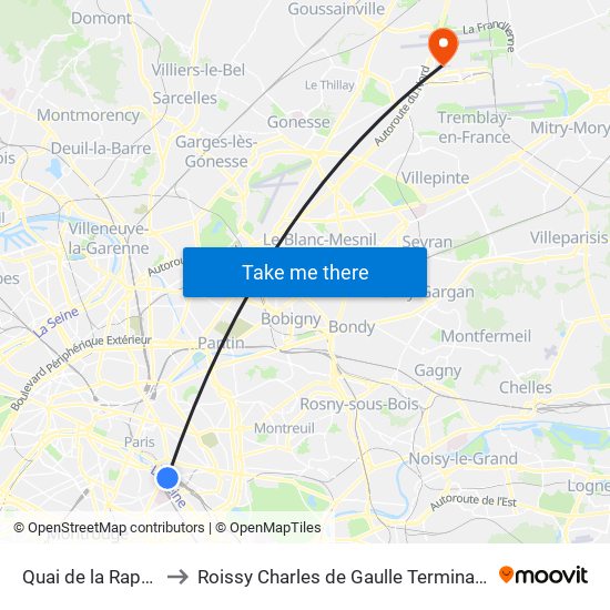 Quai de la Rapée to Roissy Charles de Gaulle Terminal 1 map