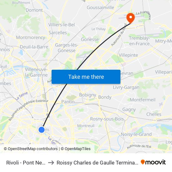 Rivoli - Pont Neuf to Roissy Charles de Gaulle Terminal 1 map