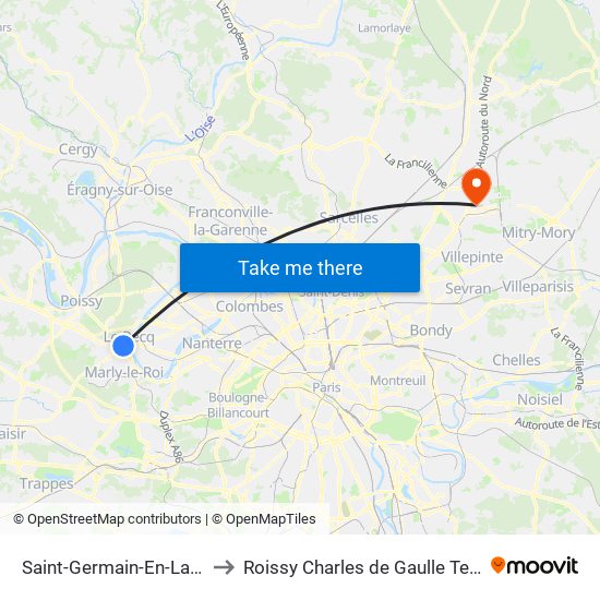 Saint-Germain-En-Laye RER to Roissy Charles de Gaulle Terminal 1 map