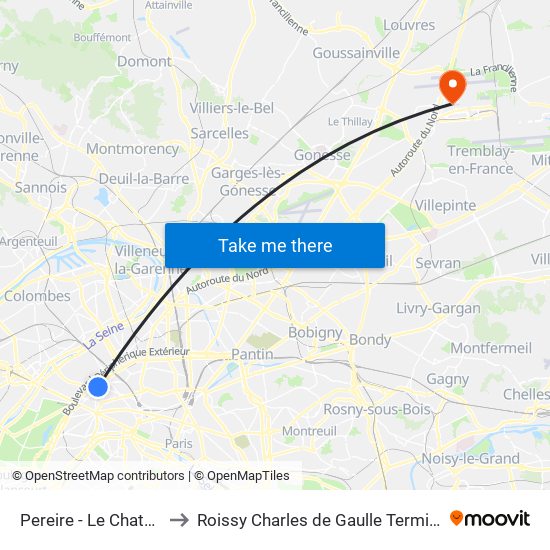 Pereire - Le Chatelier to Roissy Charles de Gaulle Terminal 1 map